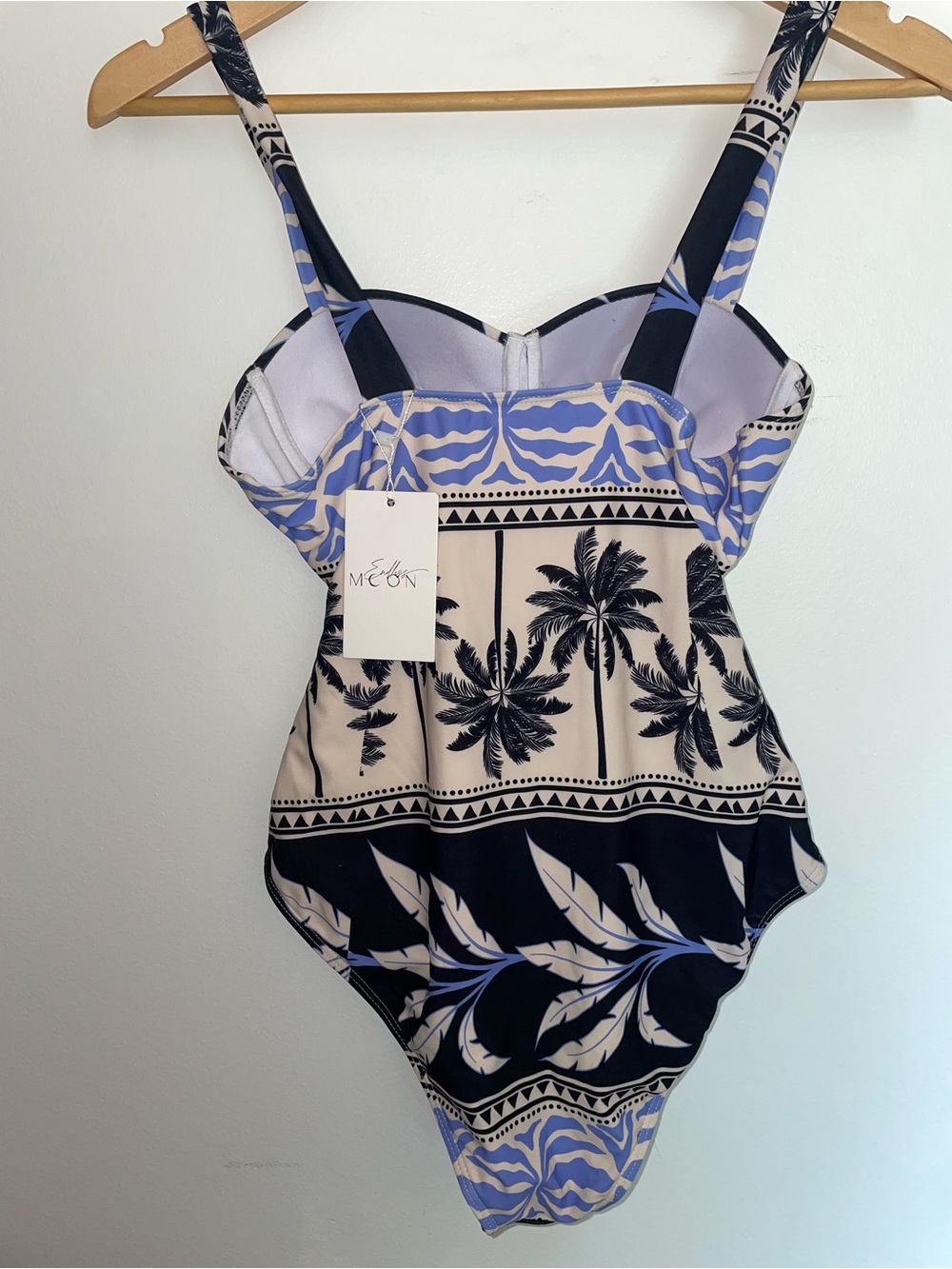Women's One-Piece Swimsuit with Palm Print in Black, Cream & Light Blue